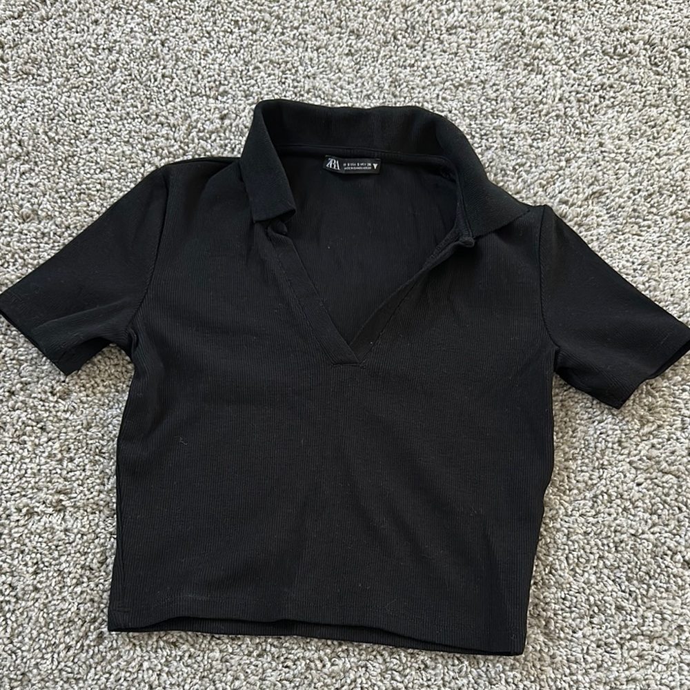 Zara Black Collared Short Sleeve Top